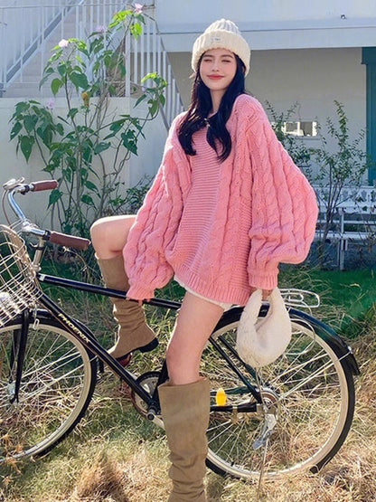 Pink soft and glutinous twist sweater for women autumn and winter 2023 new Korean style gentle mid-length lazy style sweater V1145