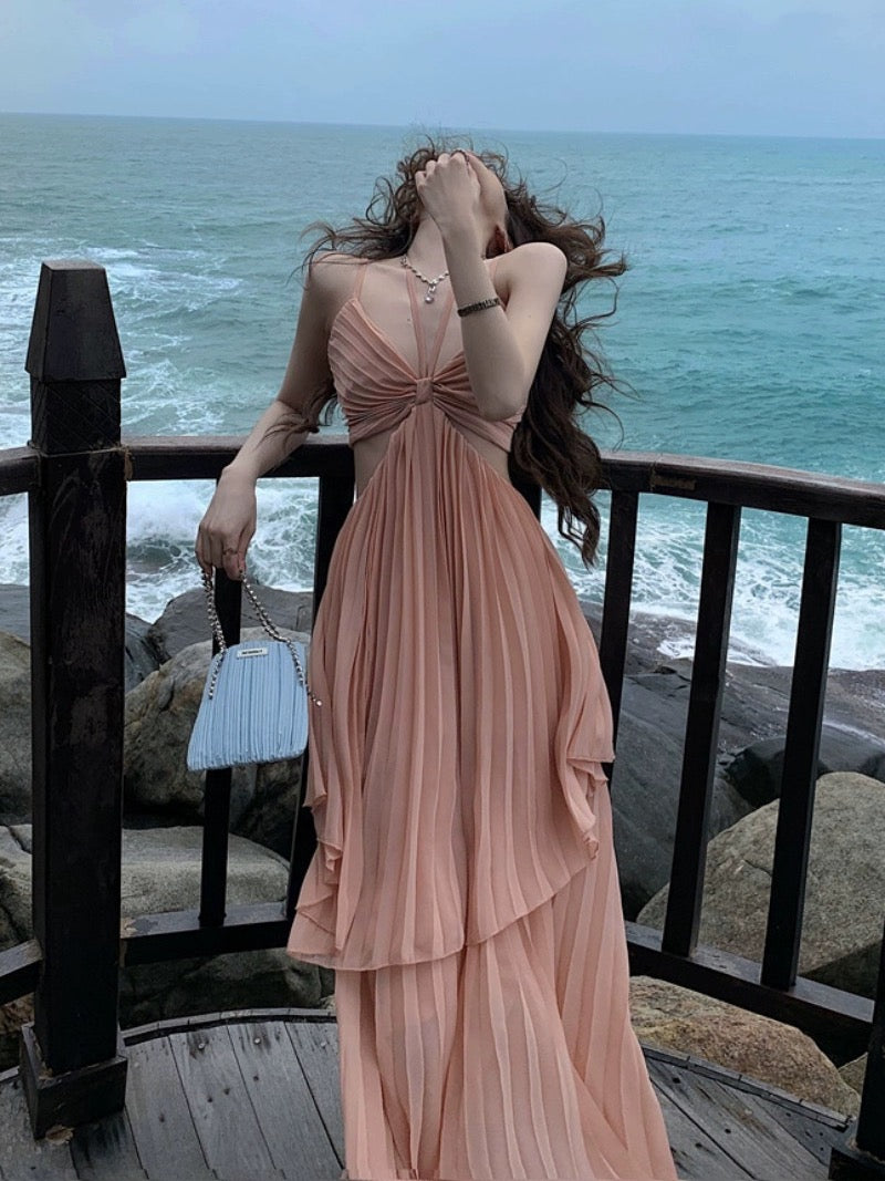 French sexy pure desire style irregular waist-revealing suspender dress female Sanya seaside holiday photo long dress