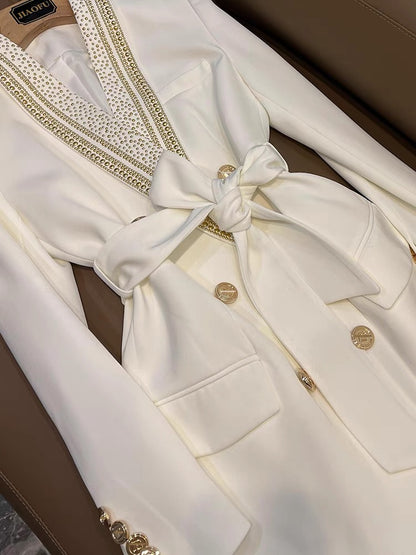 2023 Autumn Fashion New Iron Metallic Belt Green Fruit Collar Mid-Length Quality Women's Suit Jacket (B7918)