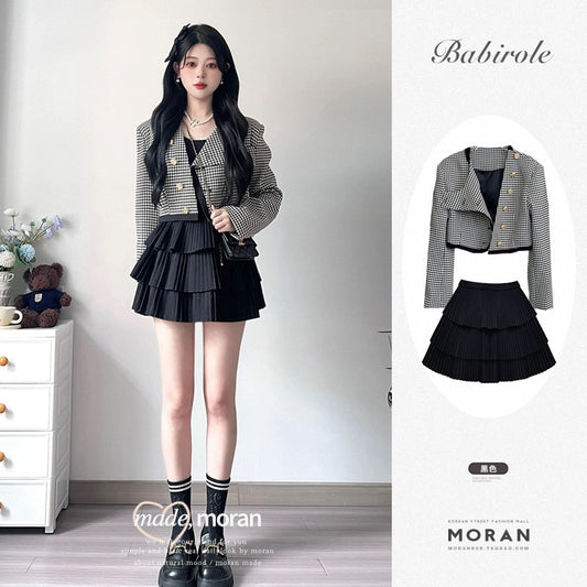 Small fragrant style suit, high-end and cold style two-piece skirt, houndstooth plaid short jacket, female celebrity early spring new style