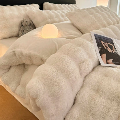 Winter rabbit fur milk velvet quilt 200x230 simple quilt cover coral flannel 2 meters four-piece set