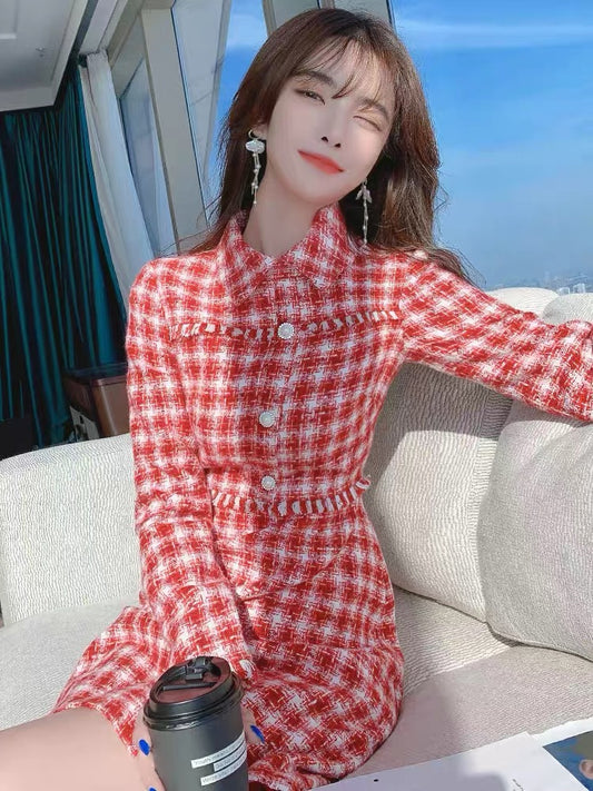 Xiaoxiangfeng dress for women in autumn and winter 2021 new temperament women's waist slimming thickened tweed skirt for women