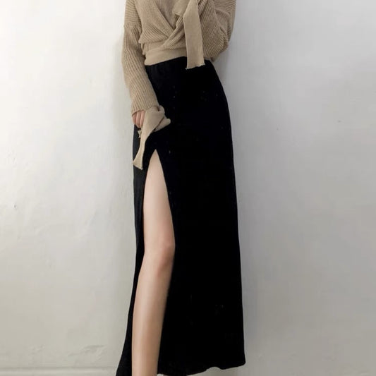 2023 new summer black high-waisted French niche one-piece mid-length slim summer slit skirt for women T3475