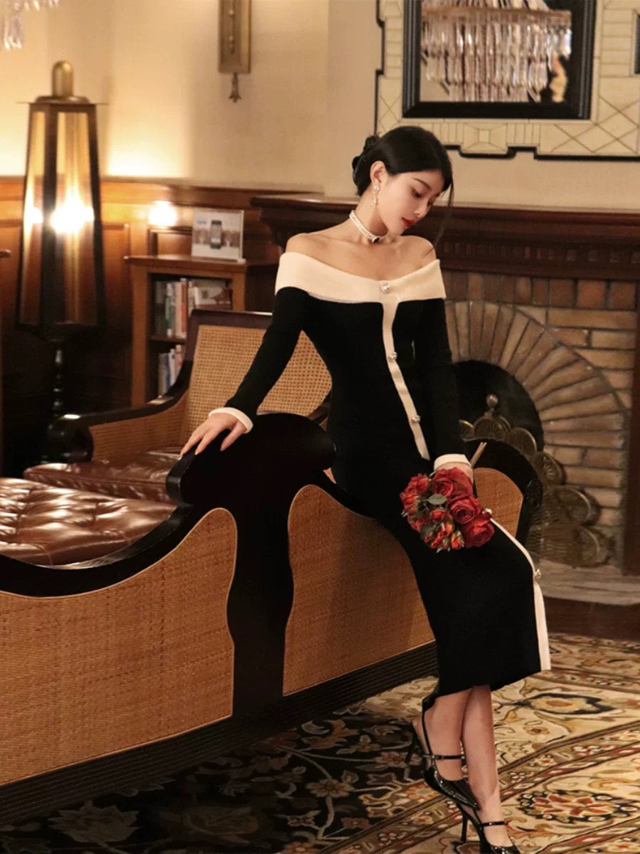 Thirteen and Little Slim Knitted Dress Women's Autumn and Winter Color Block Slit Style French One Shoulder Skirt