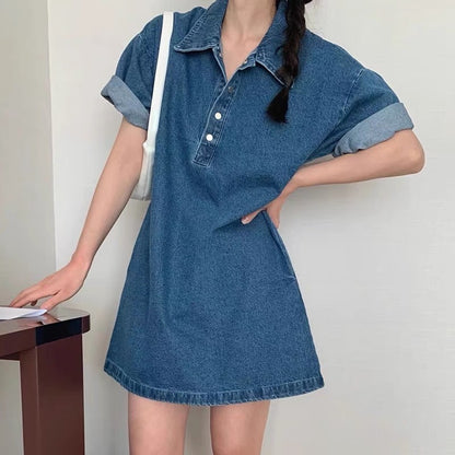 Korean chic summer retro temperament polo collar design sense niche loose curling short-sleeved denim dress female