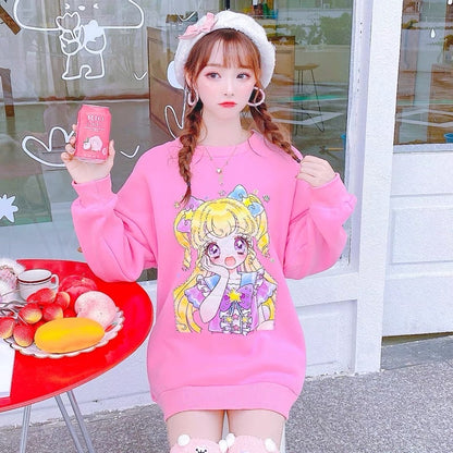 Winter heavy-duty studded Sailor Moon velvet thickened sweatshirt for women, lazy style, loose and slim, mid-length top