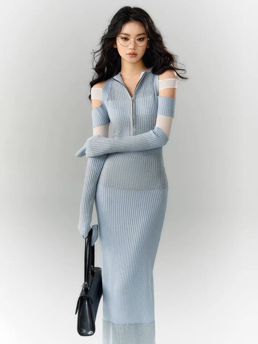 [Ready Stock] OfAkiva striped splicing design delicate knitted dress women's autumn long-sleeved off-the-shoulder dress (D078)