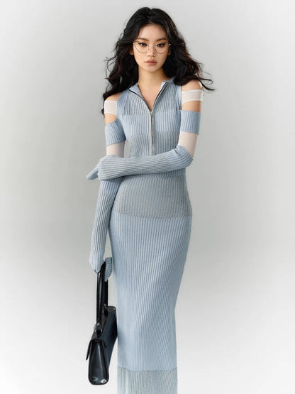 [Ready Stock] OfAkiva striped splicing design delicate knitted dress women's autumn long-sleeved off-the-shoulder dress (D078)