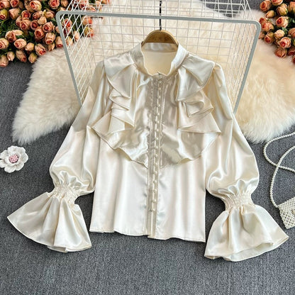 Palace-style retro temperament bell-sleeved stand-up collar acetate satin shirt French design foreign style loose top for women