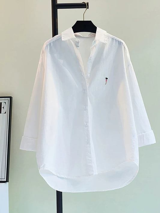 Basic white mid-length shirt female embroidered cotton shirt 2024 spring and summer fresh literary loose long-sleeved top cardigan