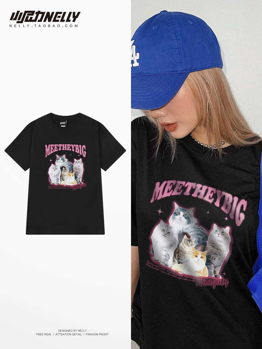 Trendy high street cat print American short-sleeved T-shirt for men and women spring and summer 2024 new loose half-sleeved cotton T-shirt