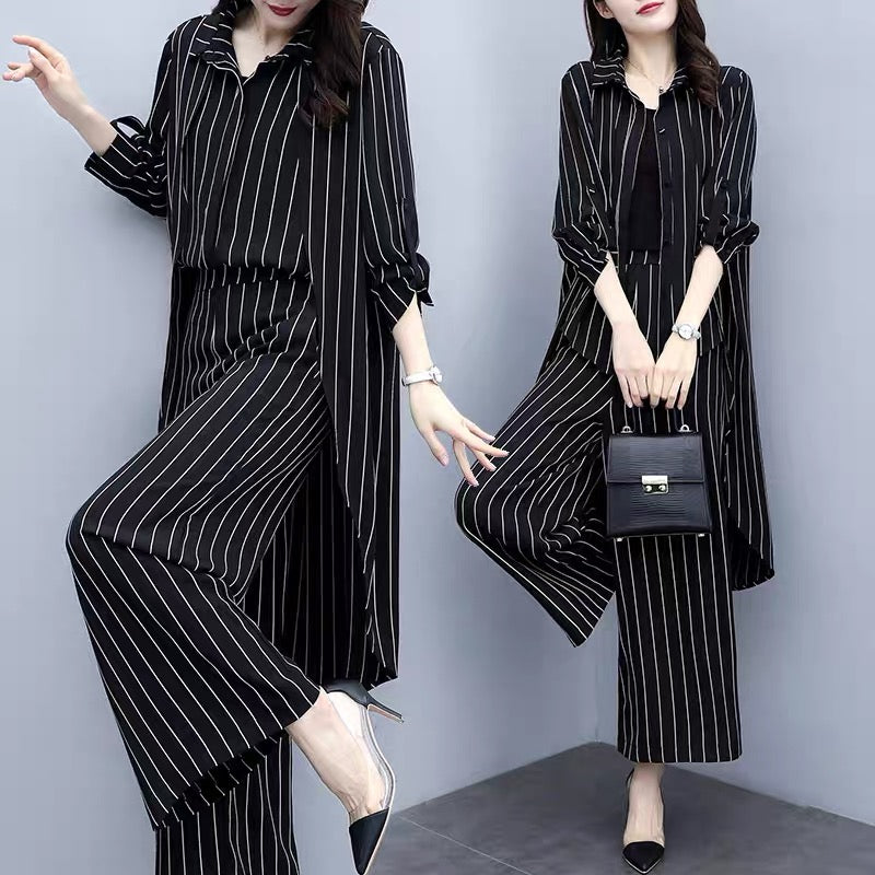 2023 new autumn plus size women's loose black striped cardigan two-piece casual fashion wide-leg pants suit