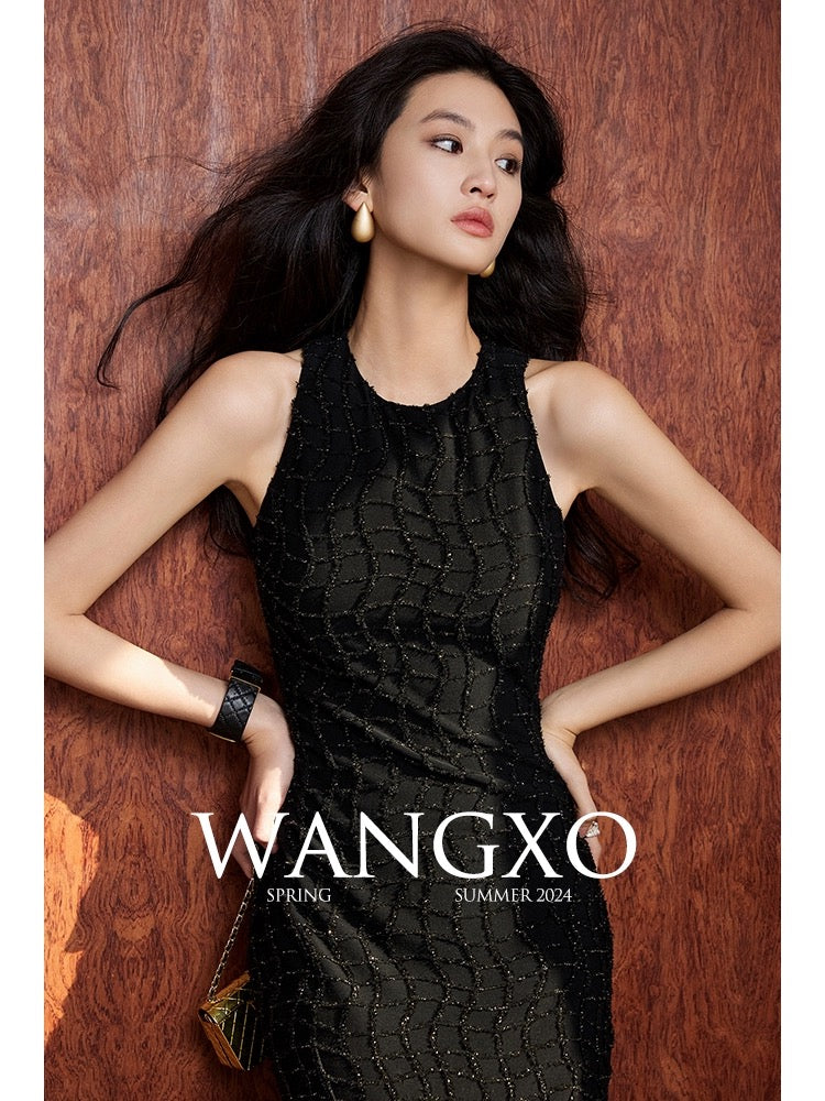 WANGXO丨Customized stretch bright silk tassel check丨Sleeveless/short-sleeved round neck waist dress