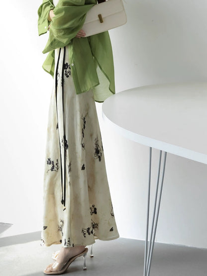 MZOMXO New Chinese-style high-waisted slim-fitting skirt Feminine Chinese style ink print A-line hip-hugging long skirt