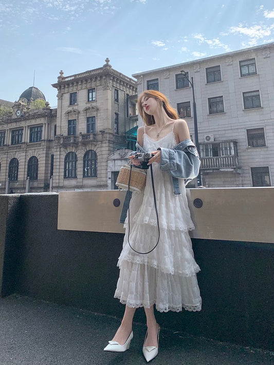 Guoguojia white suspender dress for women summer 2024 new skirt seaside vacation suspender skirt super fairy