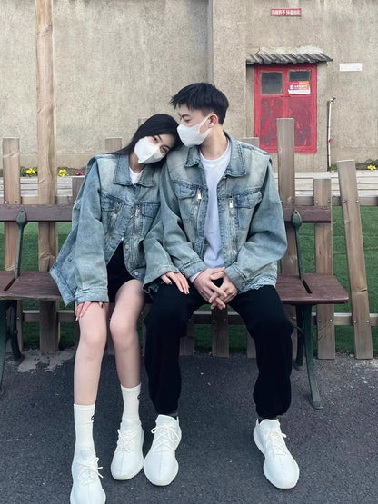 American style old denim jacket men's spring and autumn design sense loose high-level lapel casual couple jacket ins tide