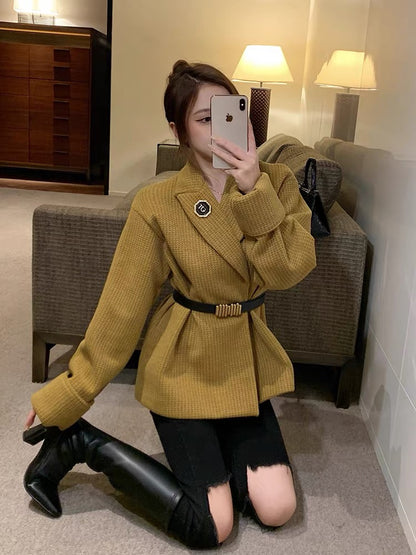 2023 new autumn woolen jacket design, waisted and loose, Korean style chic fashionable lady tops for women