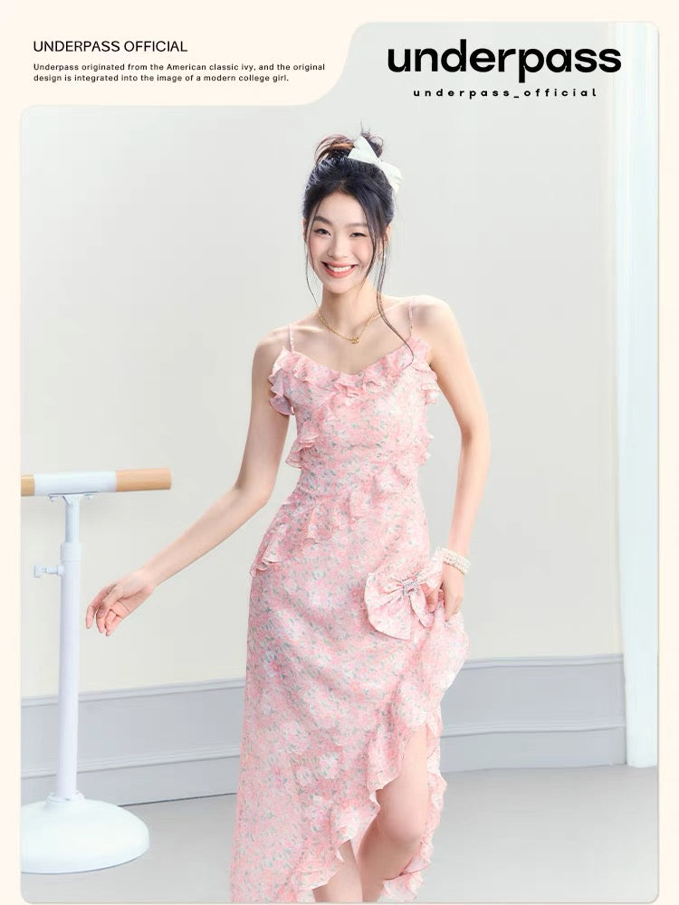 Underpass original design floral slit seaside vacation bow slim long skirt suspender dress