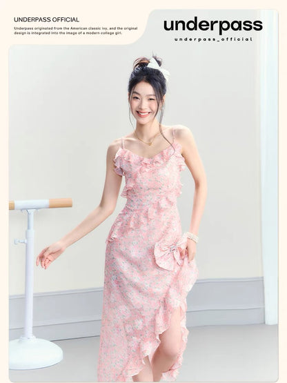 Underpass original design floral slit seaside vacation bow slim long skirt suspender dress