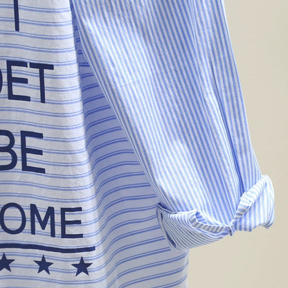 Light blue splicing striped shirt women 2024 spring and autumn new lazy style loose casual mid-length shirt top