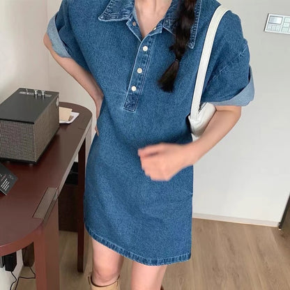 Korean chic summer retro temperament polo collar design sense niche loose curling short-sleeved denim dress female