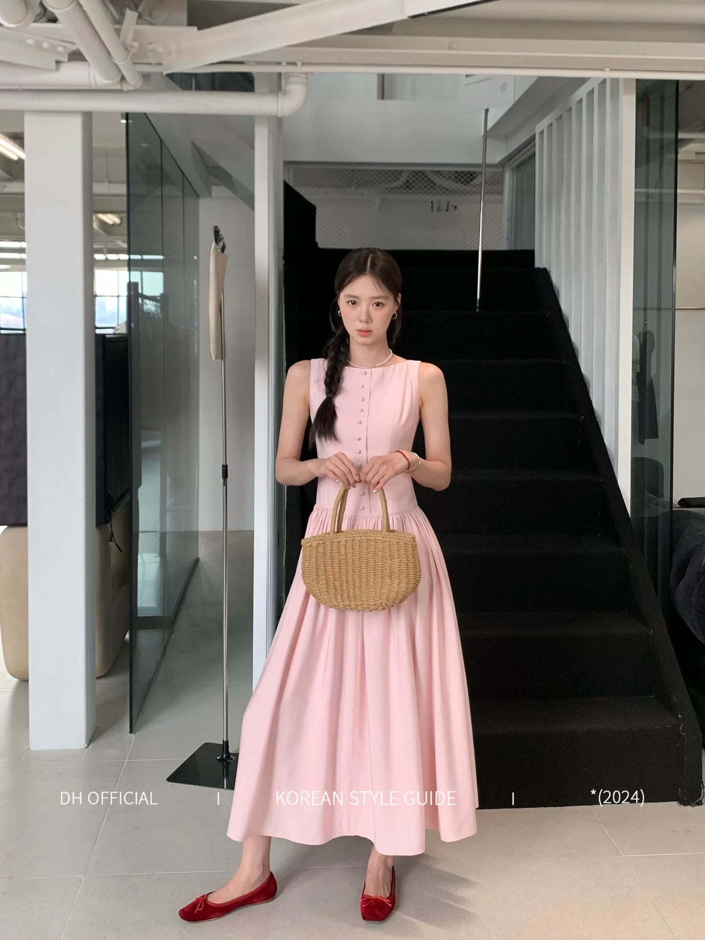 DH OFFICIAL Big Flower [Peninsula Art Museum] Pink Dress Women's Summer Korean Palace Style Gentle Long Dress