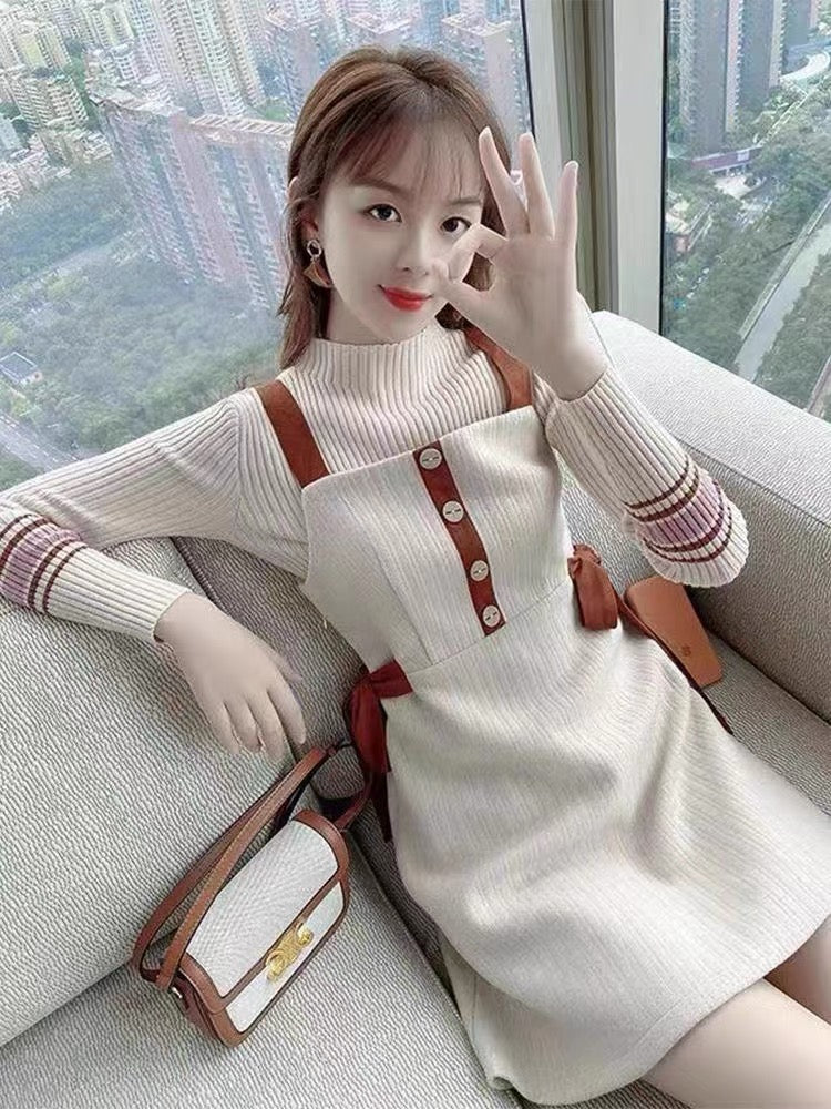 Knitted woolen suit women's two-piece suit 2023 autumn and winter new fashion fashion waist slimming suspender skirt long-sleeved dress (B1417)