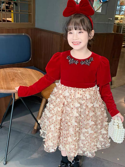 Girls Dresses Spring and Autumn 2023 New Style Children's Velvet Mesh Princess Dresses Little Girls Velvet New Year Dresses