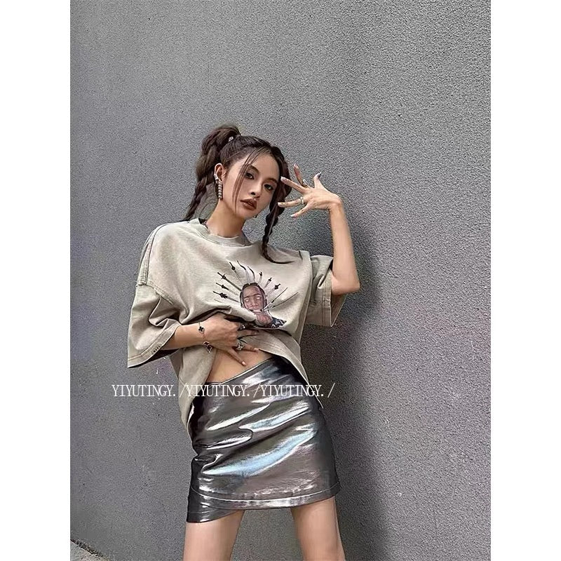 American high street retro character printed T-shirt for women 2023 summer trendy brand loose slimming design top ins (A12)