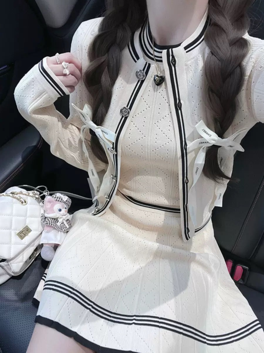 Socialite Xiaoxiangfeng Knitted Autumn and Winter Suit Cardigan Jacket Vest Top Half Skirt Advanced Three-piece Set for Women T9695