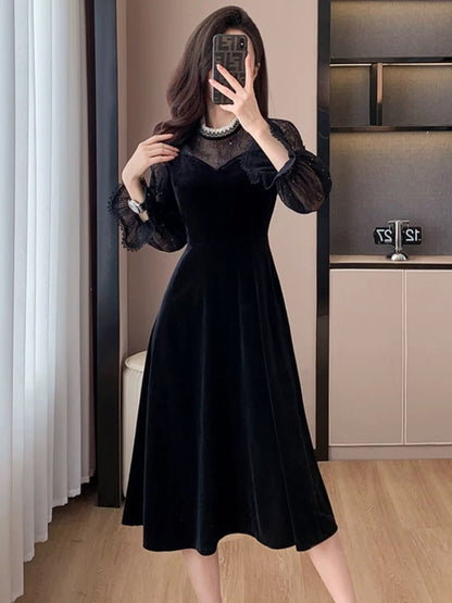 Gentle style lace mesh dress 2023 autumn new French retro mid-length waist slimming skirt