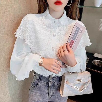 2023 Autumn New Fashionable Ruffled Chiffon Shirt Versatile Women's Loose Western Style Beaded Shawl Shirt Top (B2314)