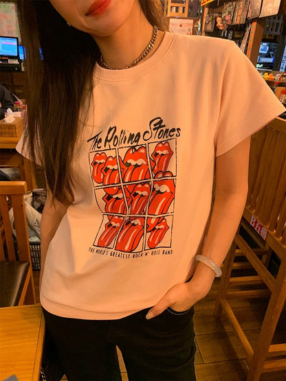 Luoluo Xianjie niche tops 2025 new early spring short-sleeved T-shirts for women with small size loose pink print