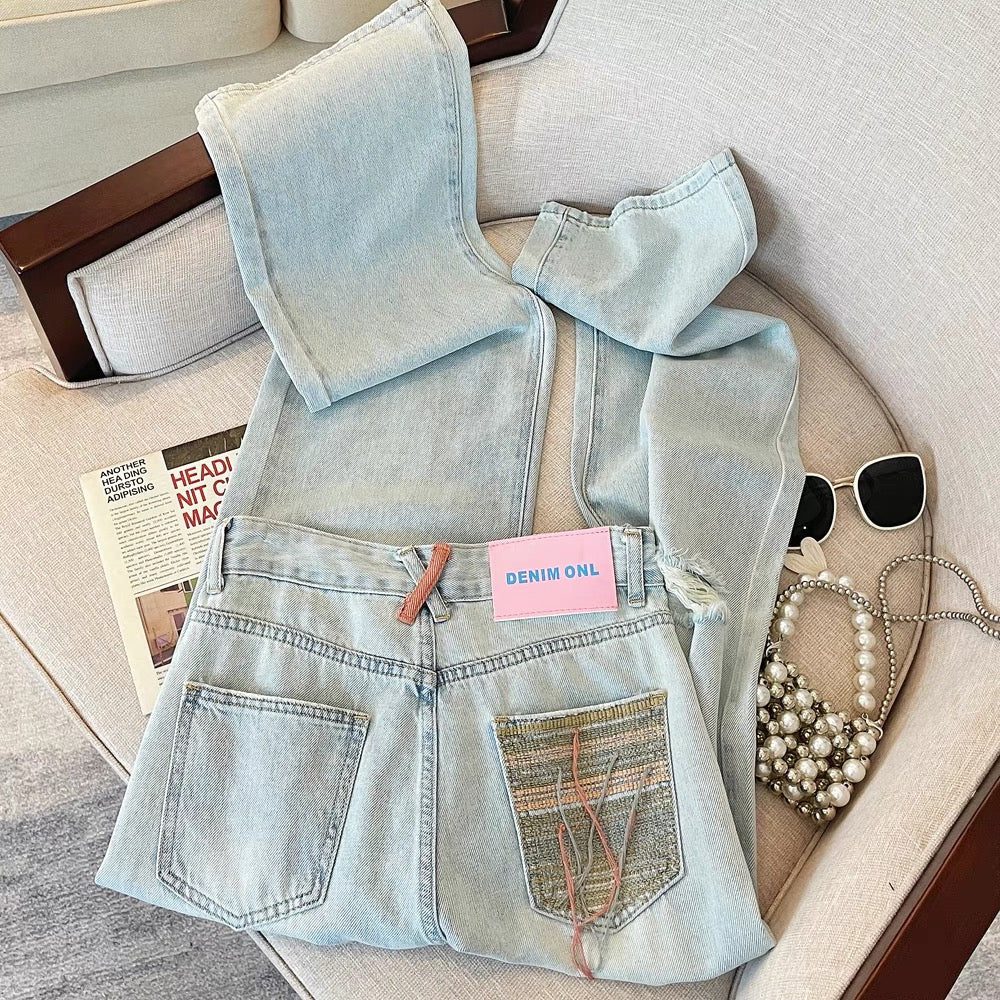 Korean style design pocket embroidered jeans for women summer 2023 new retro style loose slimming ripped trousers