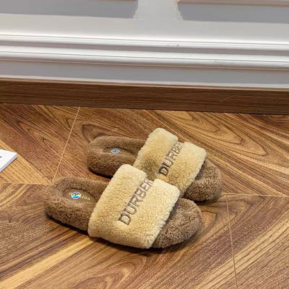 Fur shoes women's winter outer wear 2023 new fashion lamb wool comfortable and versatile thick bottom one-shaped letter trendy drag