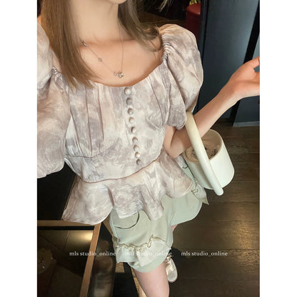 MLS shirt 2024 new style women's light mature French niche western style age-reducing fairy organza puff sleeve top for women