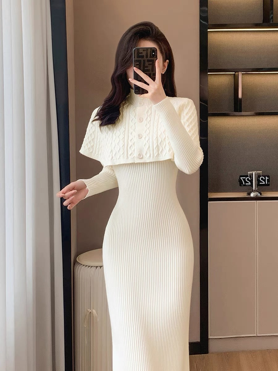 New winter women's fashion temperament, gentle and sweet first love, foreign style girl's slim long skirt, shawl knitted dress