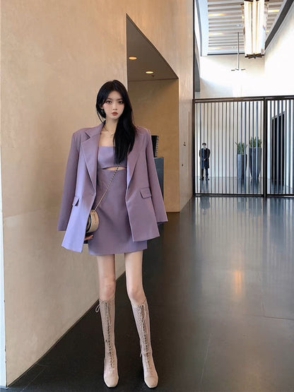 Pure desire style taro purple suit jacket autumn mature style sexy suspender dress women's two-piece suit