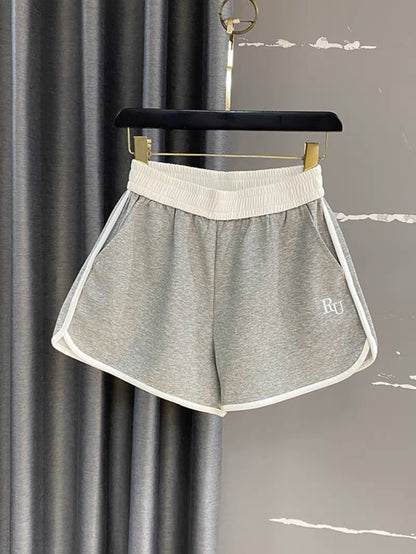 Summer popular sports shorts women 2023 new elastic waist hit color slit loose wide legs super A word hot pants ins