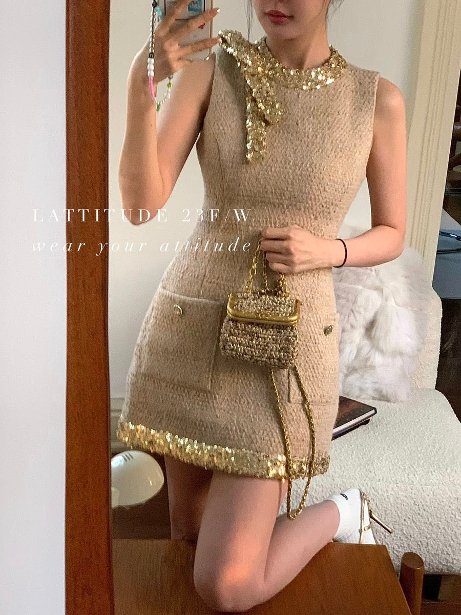 LATTITUDE/Yang Xiaolu sparkling gold dress tweed trimmed straight woolen dress