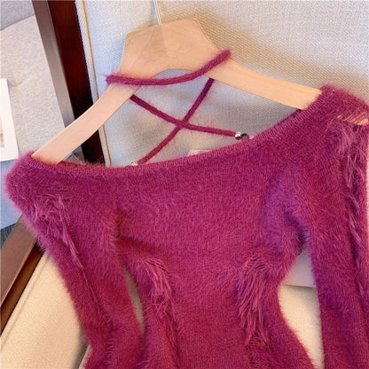 High-end pure desire sweet and spicy plum color one-shoulder imitation mink sweater ripped halterneck short sweater for women in autumn and winter