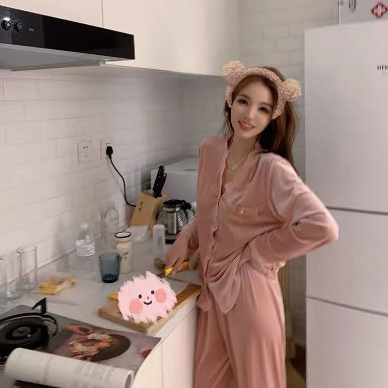 Internet celebrity luxury sexy loose casual home wear gold velvet solid color suit women's autumn and winter velvet lace pajamas