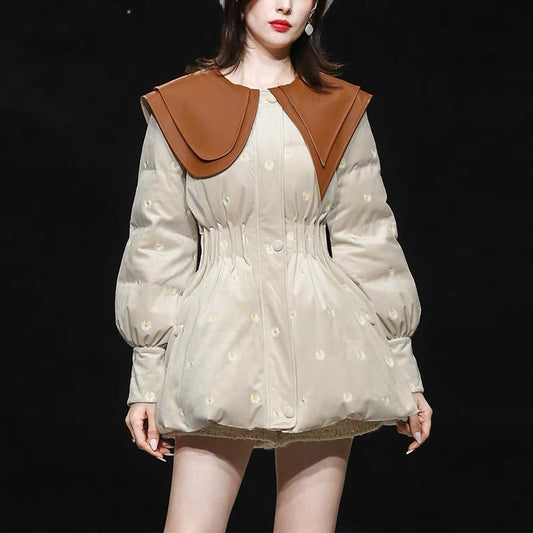 Winter 2023 new women's large lapel velvet embroidered waist mid-length thickened white duck down jacket