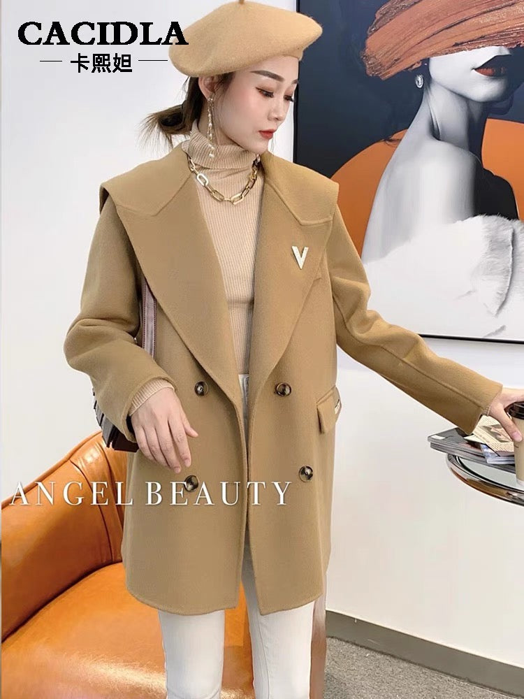 Short double-sided woolen cashmere coat for women 2023 autumn and winter loose Korean style navy collar double-sided woolen coat