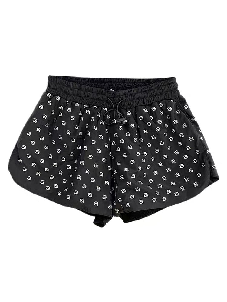 European Station 2023 Heavy Industry Alphabet Hot Diamond A-line Shorts Women's Summer New Elastic Waist Wide Leg Sports Hot Pants Trend