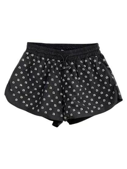 European Station 2023 Heavy Industry Alphabet Hot Diamond A-line Shorts Women's Summer New Elastic Waist Wide Leg Sports Hot Pants Trend