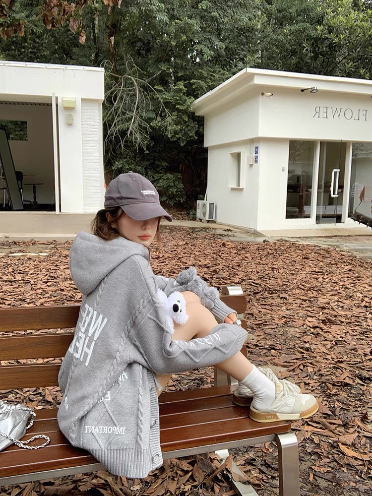 Earth Store gray hooded loose knitted cardigan sweater jacket high-end women's autumn and winter small and long style