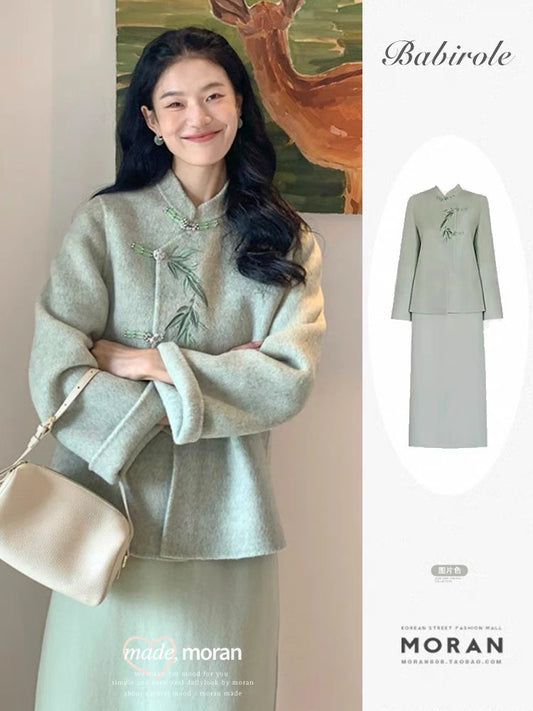New Chinese-style buttoned jacket, top and skirt two-piece suit, autumn and winter retro national style outfit, complete set of high-end feel
