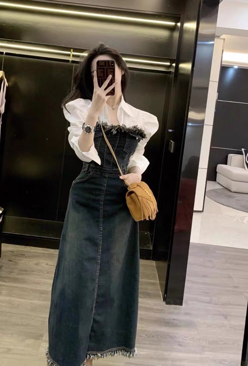 Dress spring women's 2023 new high-end design niche temperament age-reducing long denim skirt (S0958)