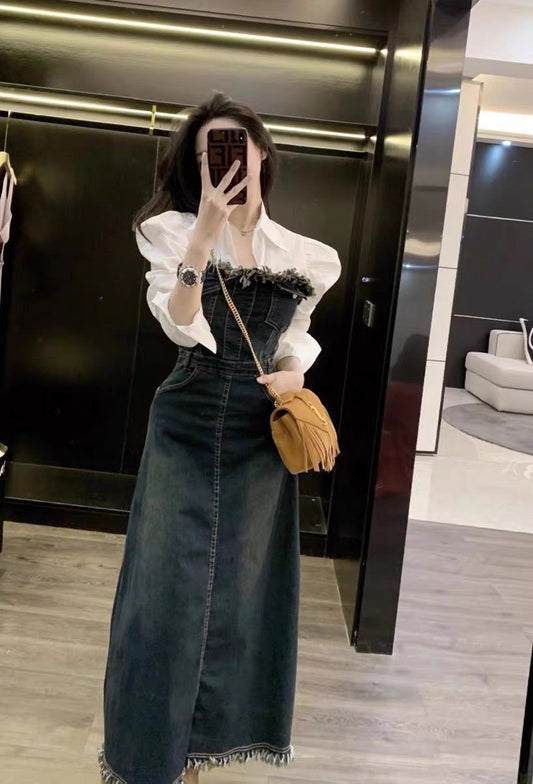 Dress spring women's 2023 new high-end design niche temperament age-reducing long denim skirt (S0958)